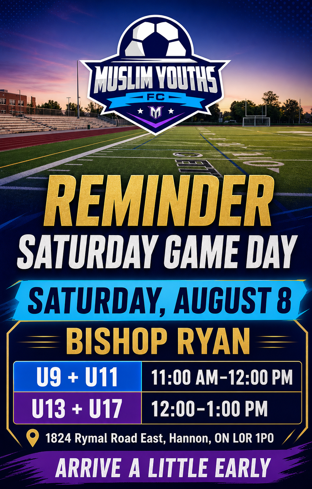 Muslim Youths FC Saturday game reminder in English